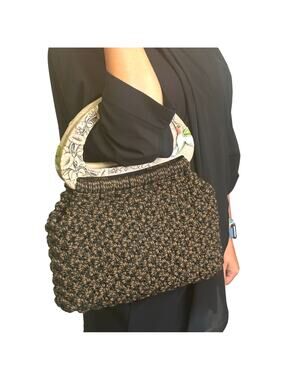 Vintage Knit Tote Purse with Wooden Handles and Hummingbird Detail